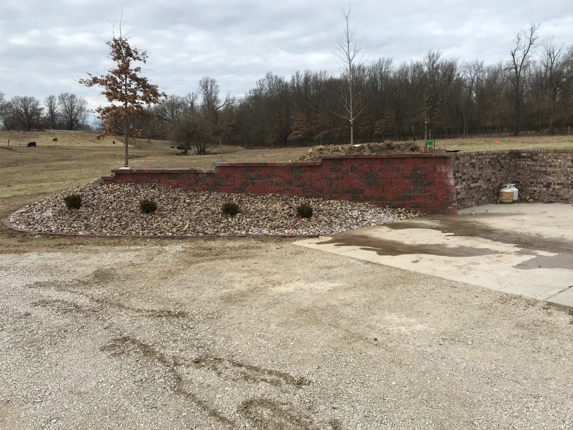 A brick wall in the middle of an empty lot.
